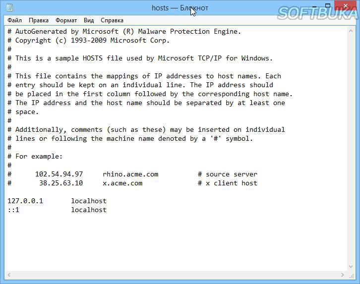 Скриншот файла hosts