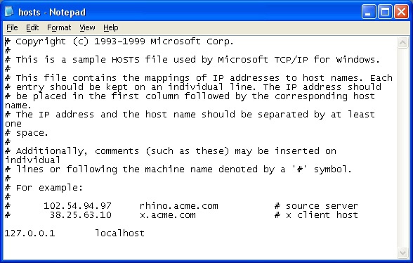 Скриншот файла hosts